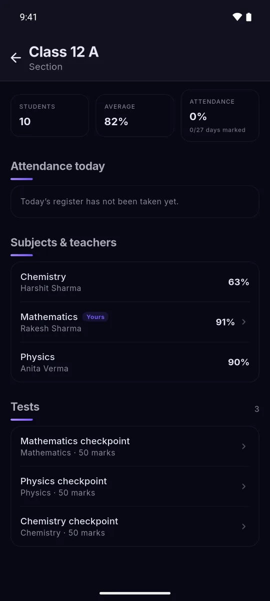 Mantrana Teach: A class at a glance — subjects, teachers, tests